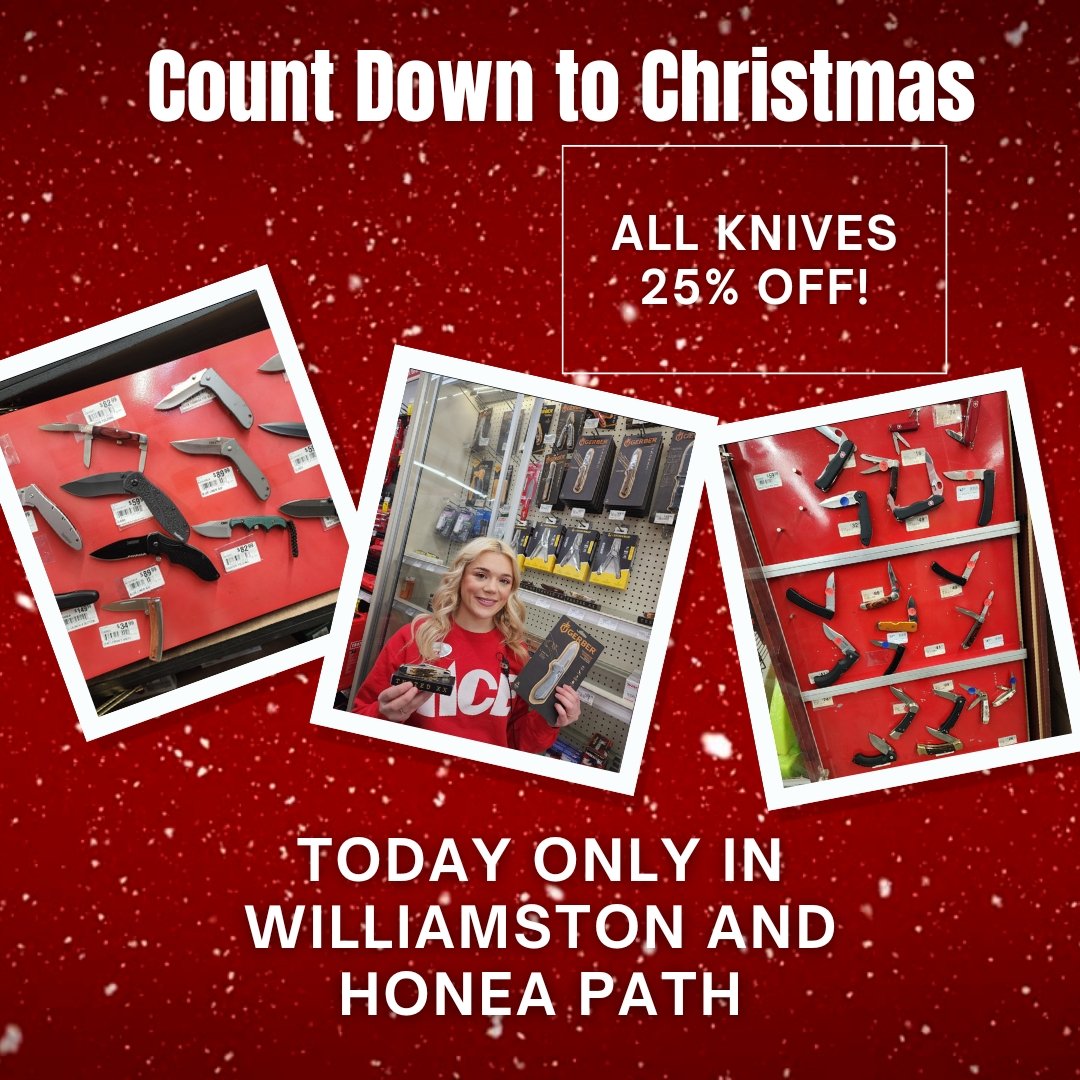 Count Down to Christmas, Day 22,
December 22nd. All Knives 25% off! Everyone always needs a new knife. You can never have too many! This sale is One Day Only! 
Shop with us in Williamston and Honea Path.
#acewilliamston #acehoneapath #knifesale