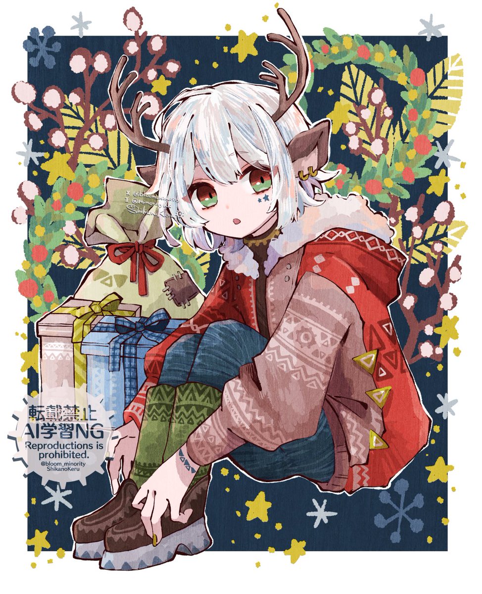 animal ears white hair christmas gift 1boy antlers solo  illustration images