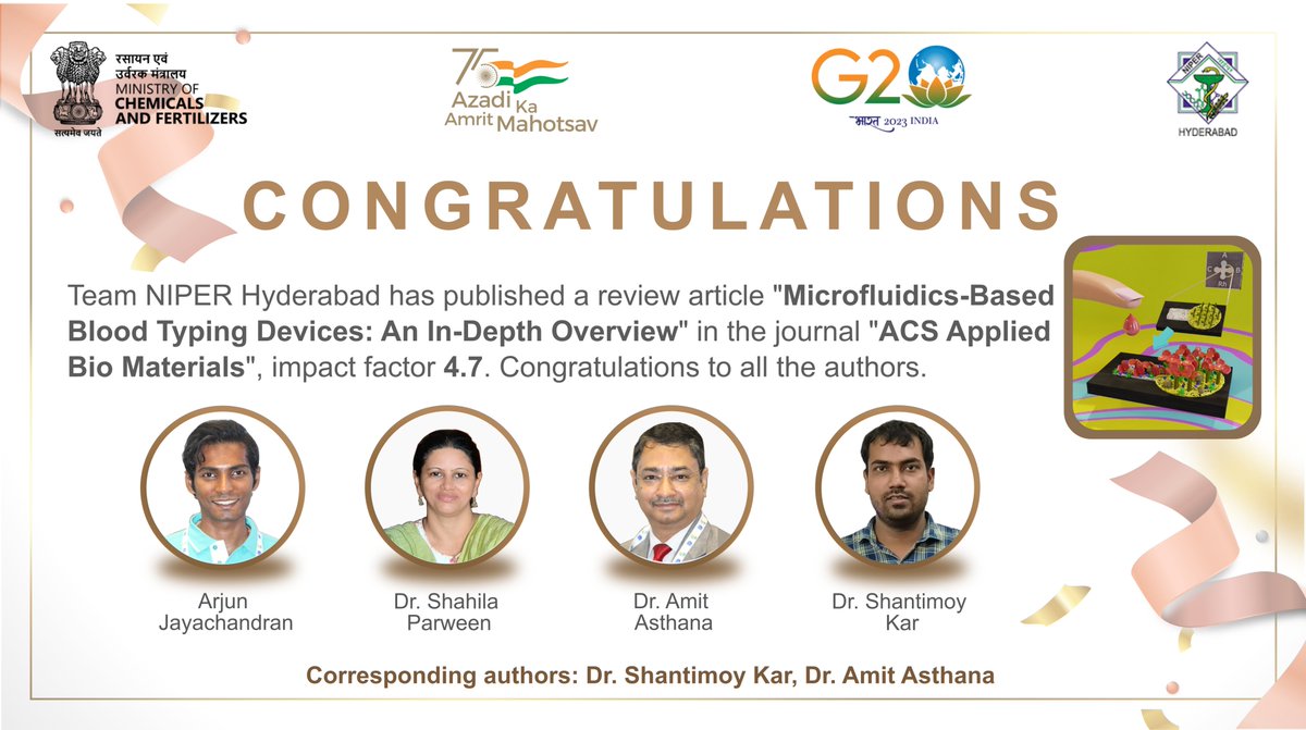 🎉#Congratulations to all the authors of the Review Article titled -'Microfluidics-Based Blood Typing Devices: An In-Depth Overview' in the journal 'ACS Applied Bio Materials'. #impactfactor: 4.7.

*Corresponding Authors: Dr. Shantimoy Kar & Dr. Amit Asthana

#reviewpaper #niper