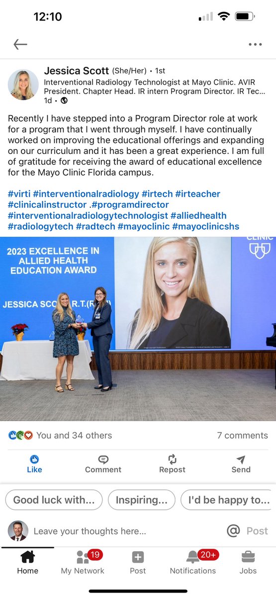 One of our outstanding @MayoClinicNeuro⁩ NeuroInterventional Radiology technologists won the ⁦@MayoClinic⁩ 2023 Excellence in Allied Health Education Award for developing a novel program for our #techteam. Congrats Jessica! ⁦@ThienHuynh15⁩ ⁦@RabihTawkMD⁩