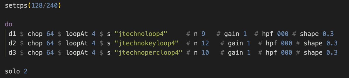 moistpeace's tweet image. #tidalcycles のコードはこちら。

・Drum
・Bass/key
・パーカッション/HiHat

これらの4小節loopのトラックをSpliceで用意して、ひたすらnとgainとhpfの数値を調整しました。あとsoloとunsoloを使った抜き差しと、MIDIコンでリバーブをかけました。映像は別のトラックで制御してます。