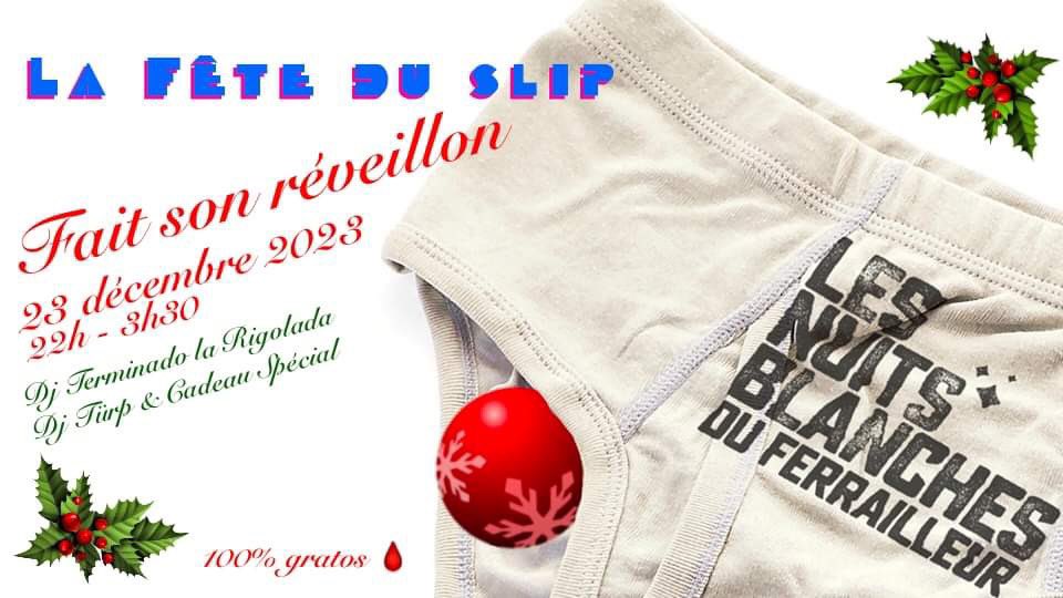 🩲 Personne ne veut rater la fête du slip ! Et ça tombe bien, car c'est demain ! 🩲 Une soirée 80S //// (90’s eurodance) avant de passer Noël ? 🎫 100% Gratuit 📍 Le Ferrailleur - Quai des Antilles, Nantes 📆 Samedi 23 Décembre ⏰ 22h00 - 3h30