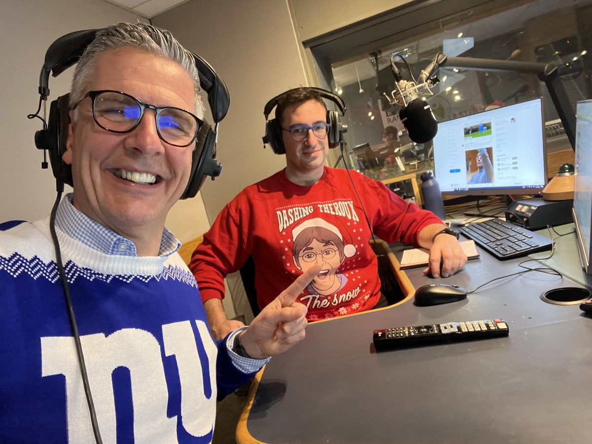 Last Evening Extra @bbcradioulster before Christmas, and a clear winner in the battle of the festive jumpers. 🎄