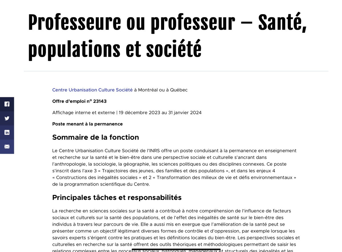 Cécile Van de Velde (@cecile_vdv) on Twitter photo L’INRS ouvre un poste de professeur.e en sciences sociales de la santé et du bien-être, au sein du Centre Urbanisation Culture Société (à Montréal ou à Québec).
Plus d’informations ici :
inrs.ca/offres-d-emplo… L’INRS ouvre un poste de professeur.e en sciences sociales de la santé et du bien-être, au sein du Centre Urbanisation Culture Société (à Montréal ou à Québec).
Plus d’informations ici :
inrs.ca/offres-d-emplo…