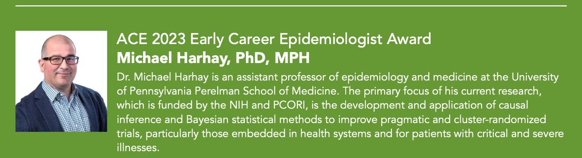 Huge congrats to @Michael_Harhay, winner of the Early Career Epidemiologist Award from the American College of Epidemiology! Well deserved! We're very fortunate to have Michael lead our statistical evaluation for projects in the @PennNudgeUnit chti.upenn.edu/michael-harhay