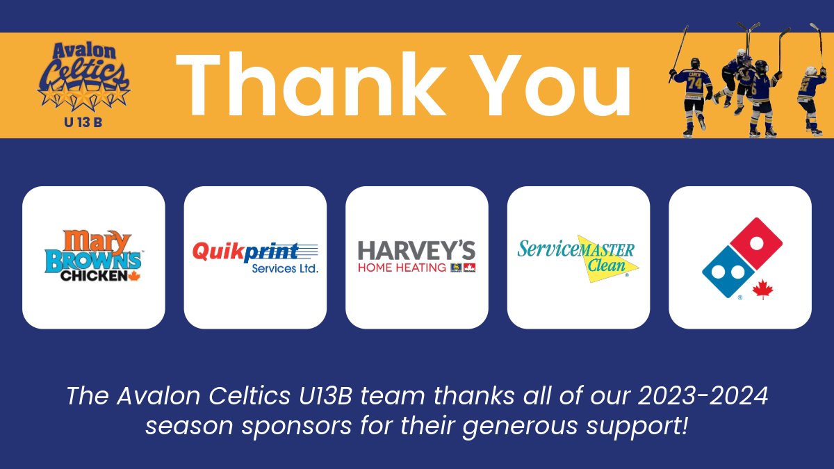 U13B_CELTICS's tweet photo. Heading into the Christmas break we want to take time to send a big THANK YOU to our amazing team sponsors. We appreciate your generous support this season! @MaryBrowns @QuikprintNL #HarveysHomeHeating #ServiceMasterCleanStJohns @DominosCanada https://t.co/JCOPlBVxCe