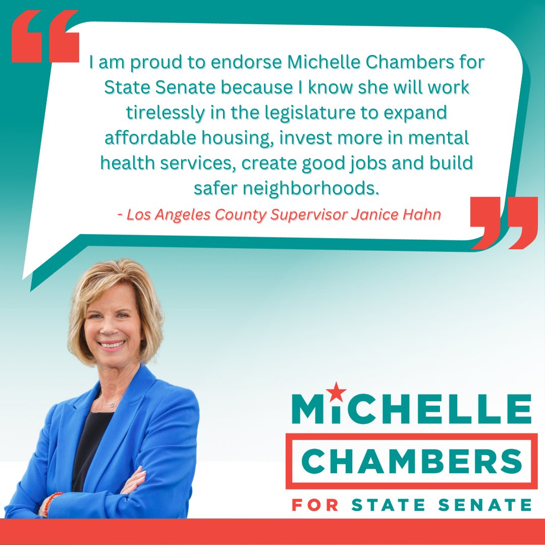 📰Exciting News📰

LA County Supervisor <a href="/JaniceHahn/">Janice Hahn</a> has endorsed #TeamChambers for #SD35!

As Senator, I look forward to partnering closely with her to ensure LA County receives its fair share of funding &amp; resources from Sacramento so our communities can thrive.