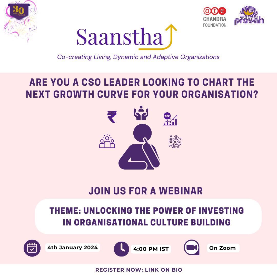 Pravah is excited to launch the Saanstha leadershipjourney for February-November 2024. Join us for a webinar Date: 4th January, 2023* *Time: 4:00 pm* *Zoom link:* us02web.zoom.us/j/82253572139?… *Registration link*: forms.gle/j1bux8Bn23ZsX6…