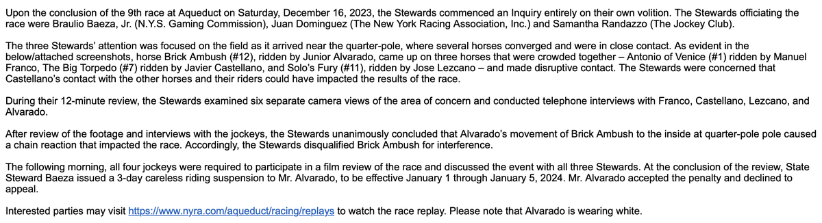 From the Can't Make It Up department. @NYSGamingComm just emailed explanation of Brick Ambush DQ from last Saturday's 9th race at Aqueduct, except the one photo identifying the jockeys involved was mislabeled with J Alvarado on The Big Torpedo instead of on Brick Ambush. 🤡🤡🤡