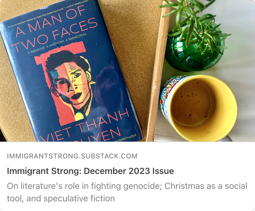 Final issue of Immigrant Strong of 2023 is out! Featuring @cpamzhang @BethGLittle @gracet09 @lesannsai. essays from @The_Rumpus @GuernicaMag @ElectricLit @PigeonPagesNYC + more. immigrantstrong.substack.com/p/immigrant-st…
