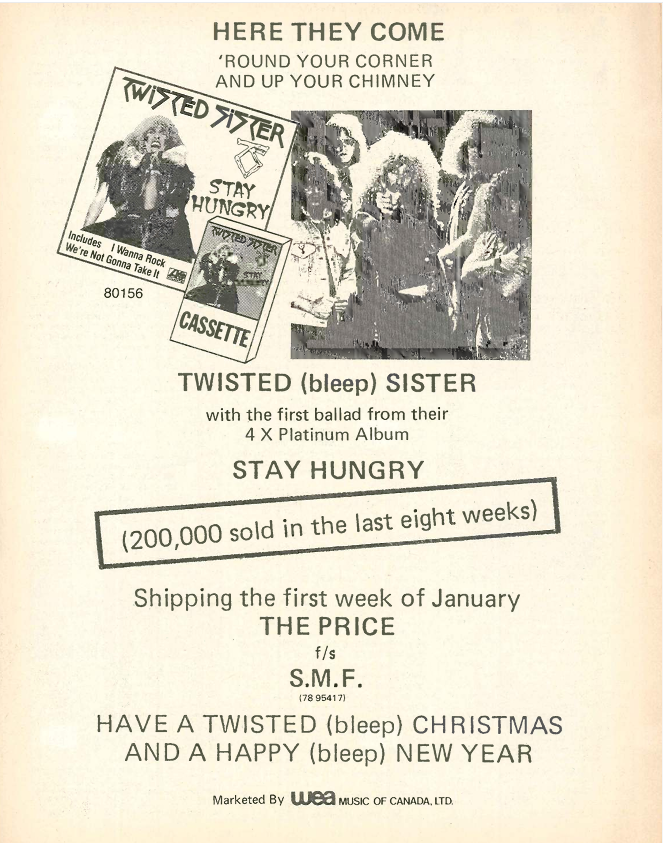 #OnThisDay in 1984, @TwistedSisterNY's album 'Stay Hungry' was exploding in Canada with their new single The Price shipping in January. Check out this great ad in Canadian music industry publication RPM from Dec 22nd 1984. #80sMetal #ClassicRock @deesnider