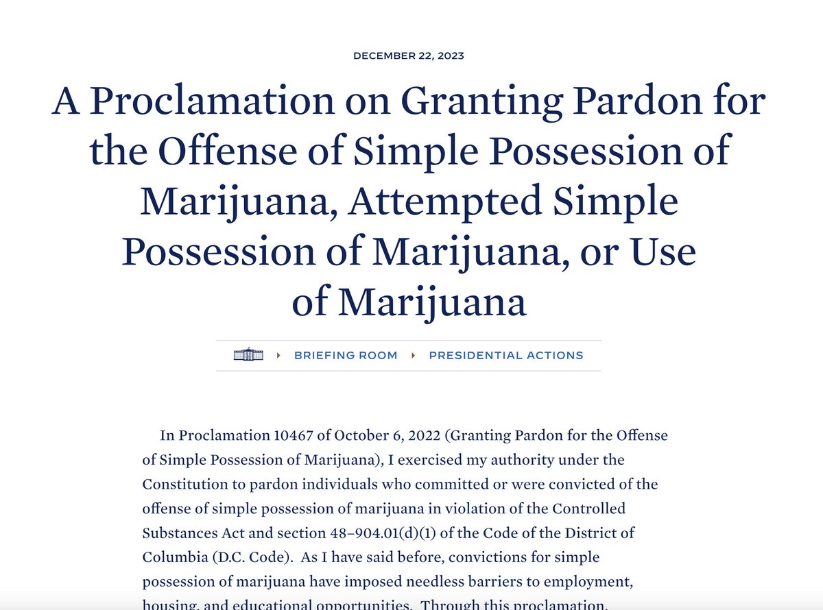 Joe Biden takes long overdue step of pardoning people with federal convictions for simple possession of marijuana. This is how the pardon power is meant to be used—for justice & mercy, not to do favors for your personal allies & your son-in-law's dad.