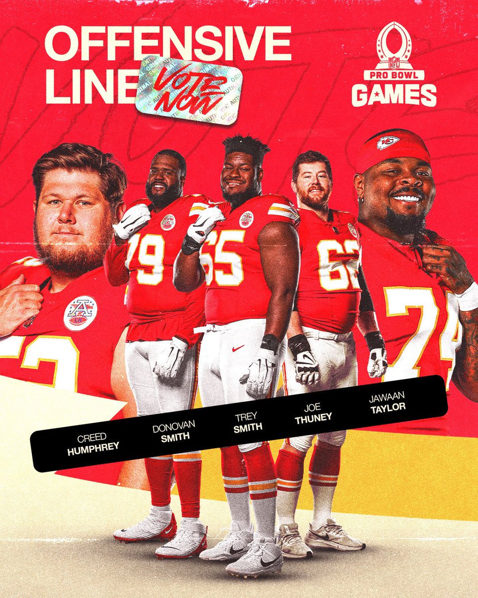 Kansas City Chiefs (@chiefs) on Twitter photo O-man, let’s get the o-line into the Pro Bowl!
#ProBowlVote + <a href="/creed_humphrey/">Creed Humphrey</a>
#ProBowlVote + <a href="/DSmith_76/">Donovan Smith</a>
#ProBowlVote + <a href="/treysmith/">Trey Smith</a>
#ProBowlVote + <a href="/JosephThuney/">Joseph Thuney</a>
#ProBowlVote + <a href="/jawaan_taylor74/">Jawaan M. Taylor ♛</a> O-man, let’s get the o-line into the Pro Bowl!
#ProBowlVote + <a href="/creed_humphrey/">Creed Humphrey</a>
#ProBowlVote + <a href="/DSmith_76/">Donovan Smith</a>
#ProBowlVote + <a href="/treysmith/">Trey Smith</a>
#ProBowlVote + <a href="/JosephThuney/">Joseph Thuney</a>
#ProBowlVote + <a href="/jawaan_taylor74/">Jawaan M. Taylor ♛</a>