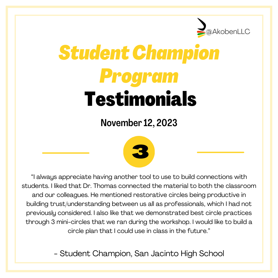 Check out these amazing testimonials from our satisfied clients ☺️It's humbling to know that we're making a positive impact in people's lives. Thank you for your continued support and trust in our company.❤️

#akobenllc #restorativepractices #studentchampionprogram