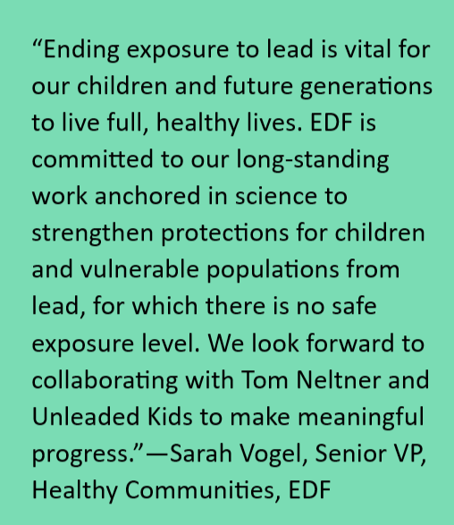 EDF Safer Chemicals (@edfhealth) on Twitter photo Today our beloved colleague, Tom Neltner, launches a new venture- <a href="/unleadedkids/">unleadedkids</a>-to address all sources of lead that pose harm to children. We wish him well in this important endeavor & look forward to working with him in the future! unleadedkids.org Today our beloved colleague, Tom Neltner, launches a new venture- <a href="/unleadedkids/">unleadedkids</a>-to address all sources of lead that pose harm to children. We wish him well in this important endeavor & look forward to working with him in the future! unleadedkids.org