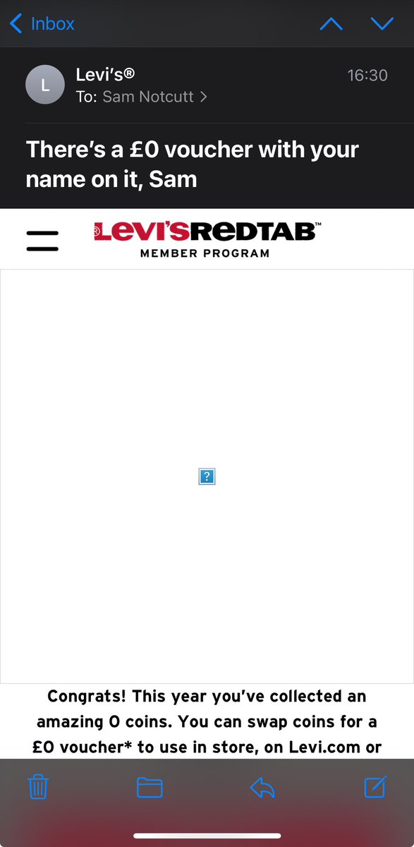 SamNotcutt's tweet image. Thanks @LEVIS …. Very excited to spend my exclusive and personalised £0 voucher.