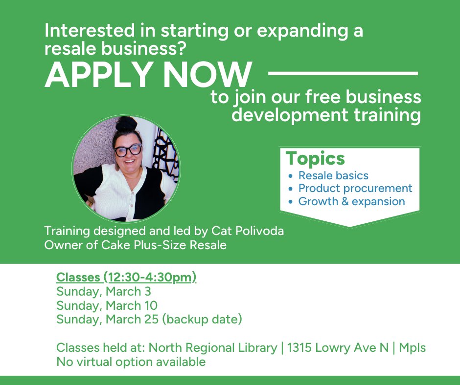 Applications are being accepted for our business development training! This training is open to individuals interested in starting or expanding a resale business. 
APPLY NOW: tinyurl.com/yd2khebx