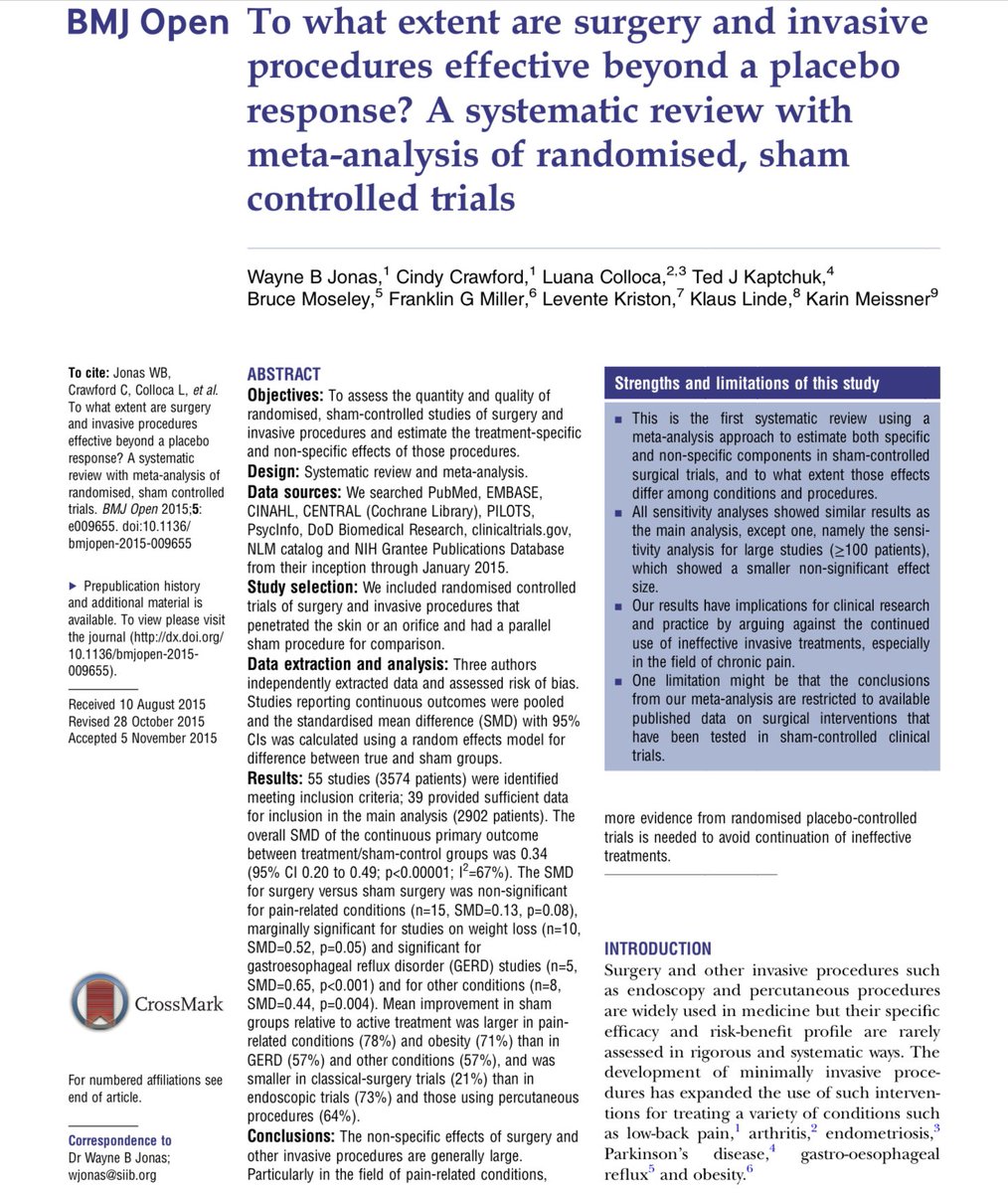 To what extent are surgery and invasive procedures effective beyond a placebo response? A systematic review with meta-analysis of randomised, sham controlled trials ncbi.nlm.nih.gov/pmc/articles/P… “The non-specific effects of surgery and other invasive procedures are generally large”