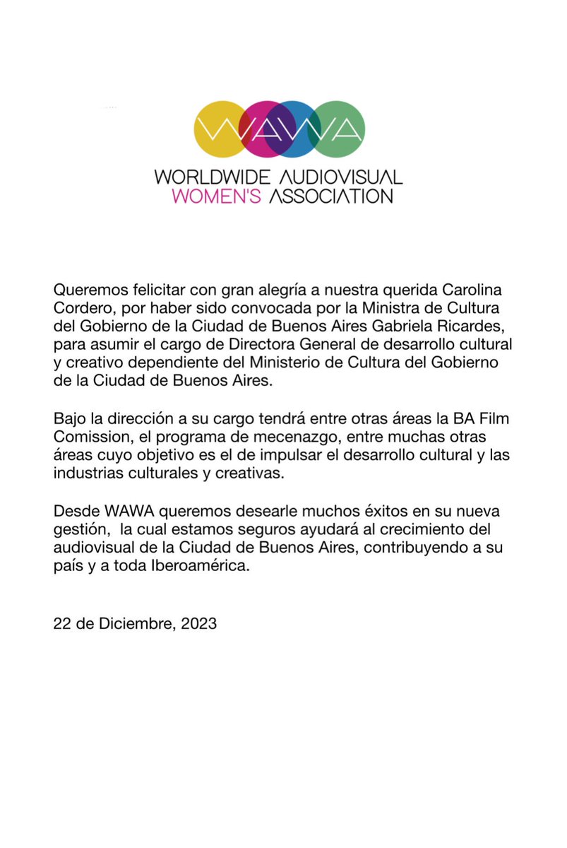 Queremos felicitar con gran alegría a nuestra querida Carolina Cordero por haber sido convocada para asumir el cargo de Directora General de desarrollo cultural y creativo dependiente del Ministerio de Cultura del Gobierno de la Ciudad de Buenos Aires.