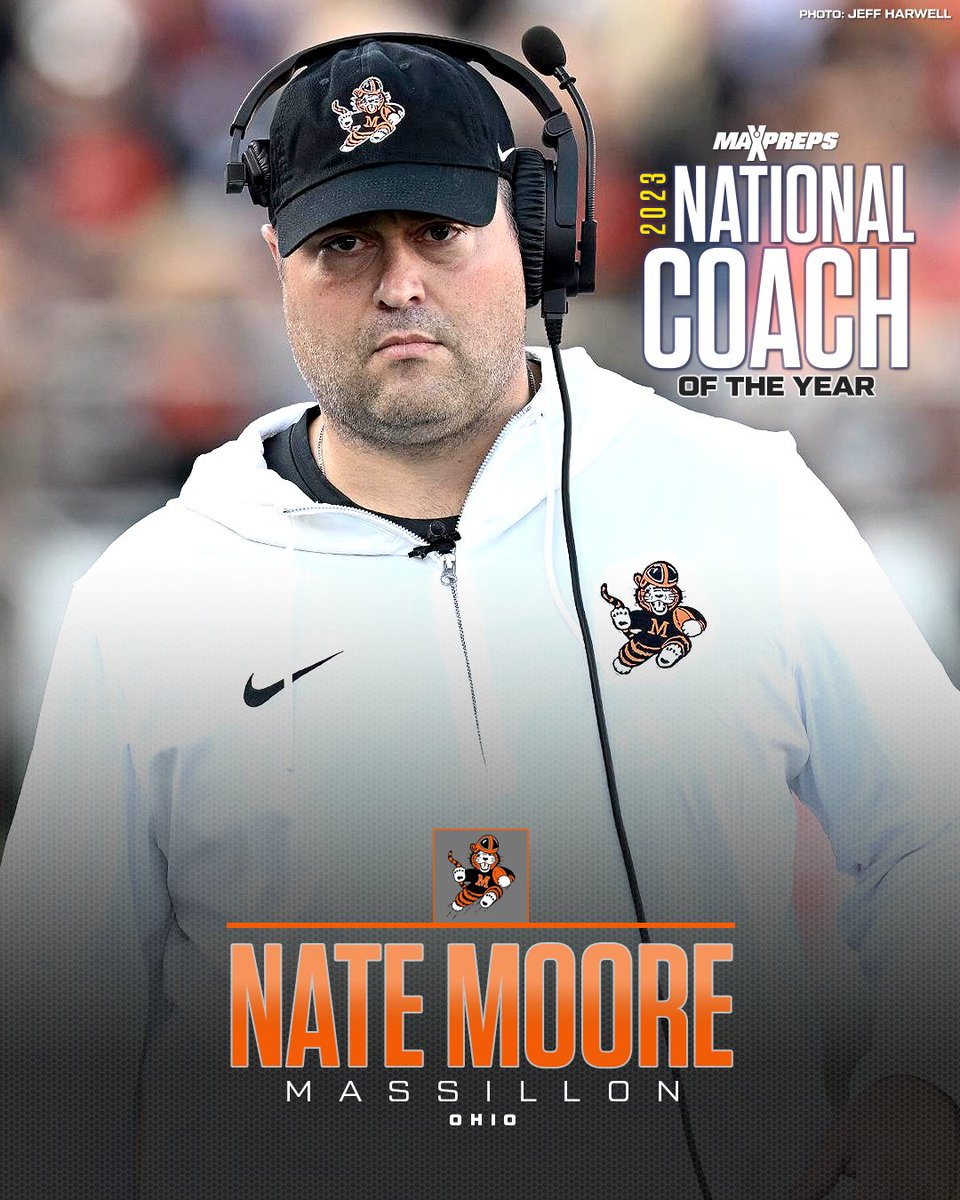 Nate Moore of Ohio state champion Massillon named 2023 MaxPreps National Coach of the Year. 🔥 Ninth-year head coach leads storied program to its first playoff state championship after six runner-up finishes since 1980.🏈 ✍️: maxpreps.com/news/Q-Znehksc…