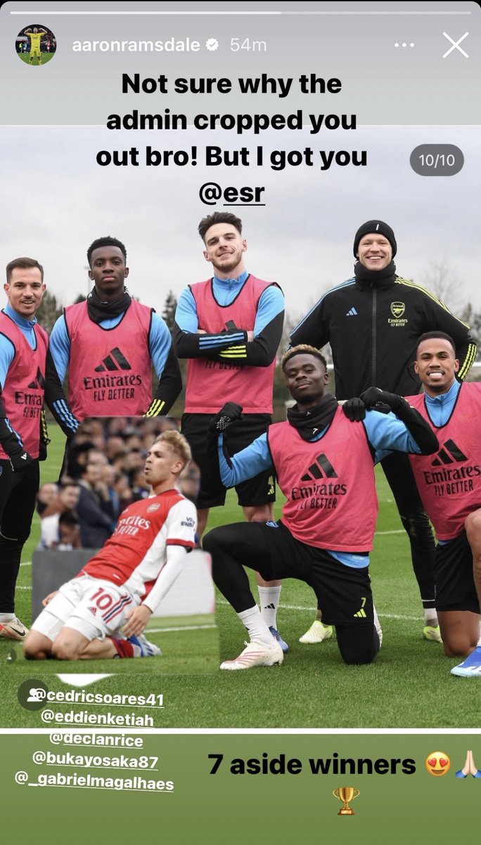Aaron Ramsdale on Instagram story, after Emile Smith Rowe didn’t make the cut on Instagram. 😂❤️ #afc