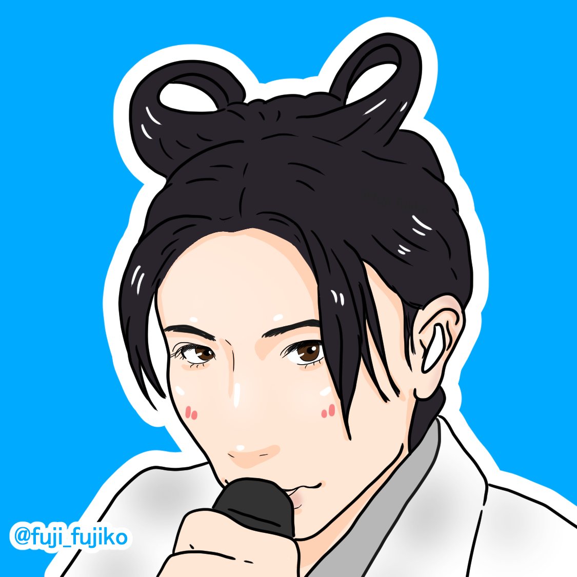 black hair brown eyes solo blue background twitter username 1boy looking at viewer  illustration images