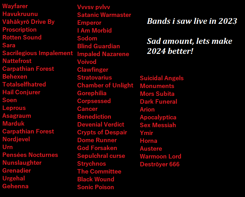 NicoChain666's tweet photo. Did this list just because why not. I felt like i saw pretty much nothing this year, but apparently i caught a few bands. #liveIn2023 #metal https://t.co/yPNzHtcJya