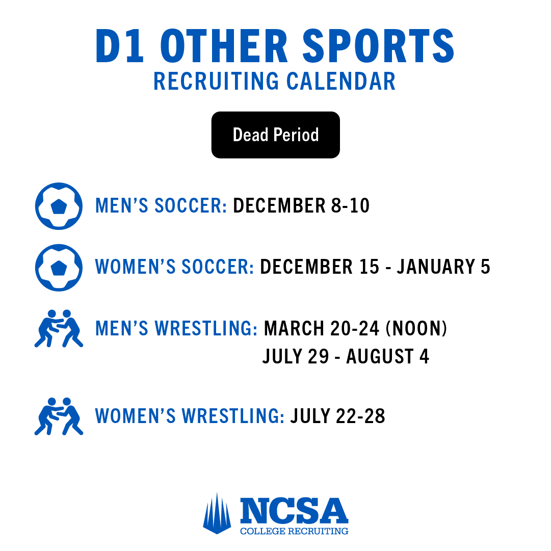 ncsa's tweet photo. The NCAA Recruiting Calendar helps dictate when and how college coaches can contact you. It can vary by division level and by sport.

Check out the 2023-24 Division 1 recruiting calendars for "all other sports."

More info on, head here: https://t.co/lWEBI5kBn6 https://t.co/bofWSLYLOd