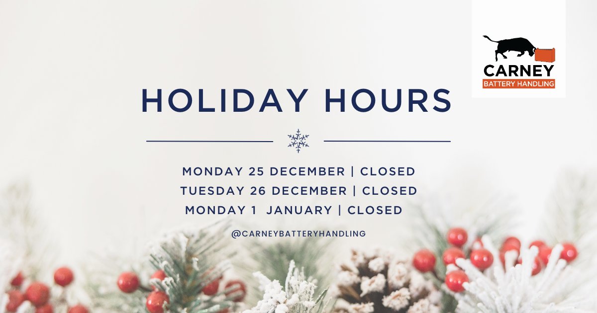 🎄 Happy Holidays! Our offices will be closed on the upcoming Monday and Tuesday so that our team can enjoy some festive cheer with their loved ones. Wishing you and your families a joyful long weekend! #carneybatteryhandling #holidayhours #happyholidays