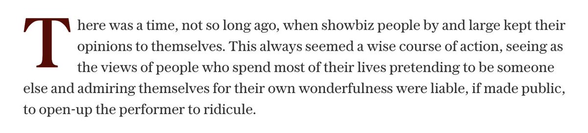 I love that this piece, telling artists to keep their mouths shut, because they don't understand politics, opens with a political commnentator's comically shallow misunderstaning of all artists as people prancing around in costume who have nothing to do with politics. Bless. ~AA