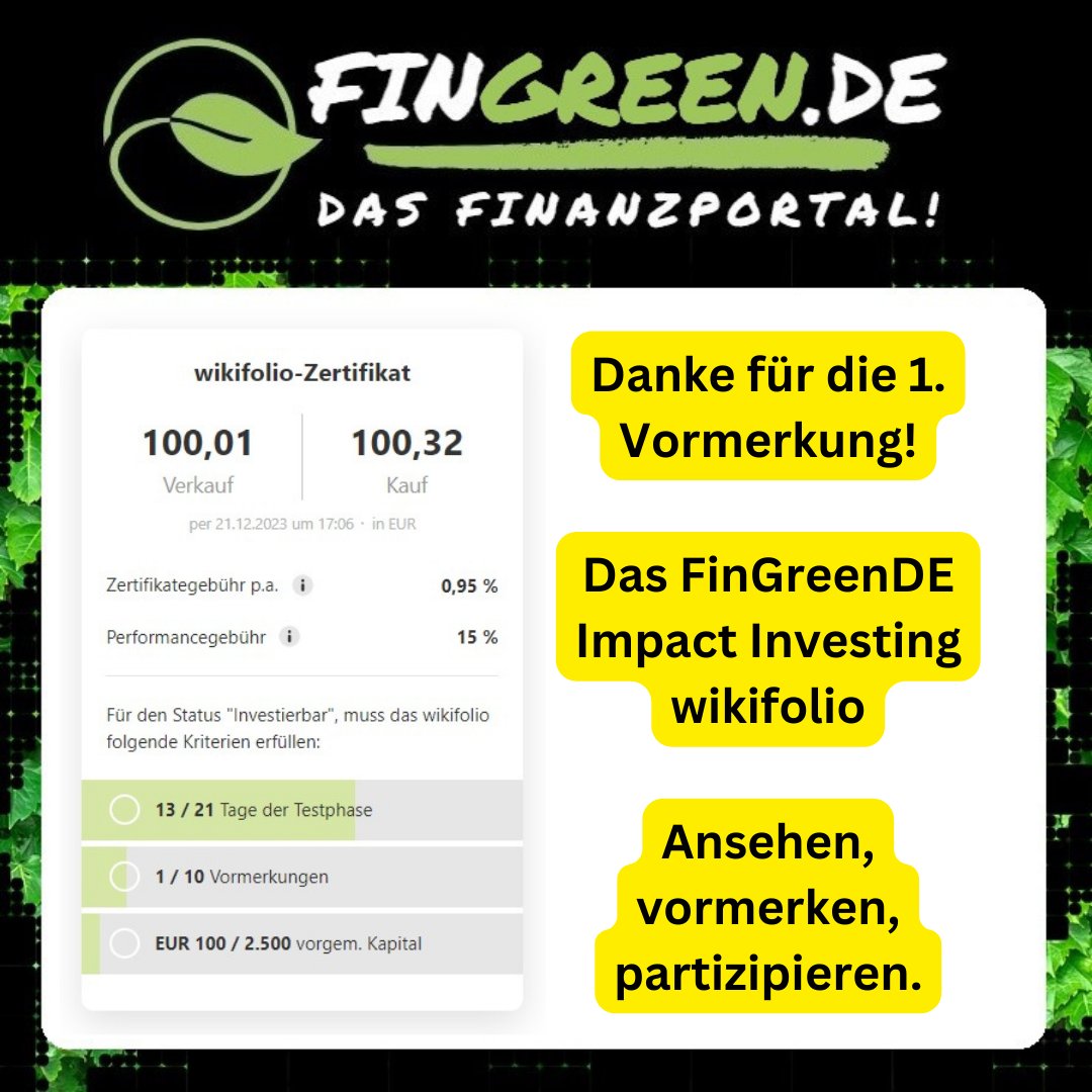 Das FinGreenDE Impact Investing 💚 wikifolio! Jetzt unverbindlich vormerken: wikifolio.com/de/de/w/wffing… . Danke & allen ein entspanntes #Weihnachten. . #impactinvesting #Nachhaltigkeit #finanzen #Finanzmärkte #aktie #geld #Deutschland #fintwit