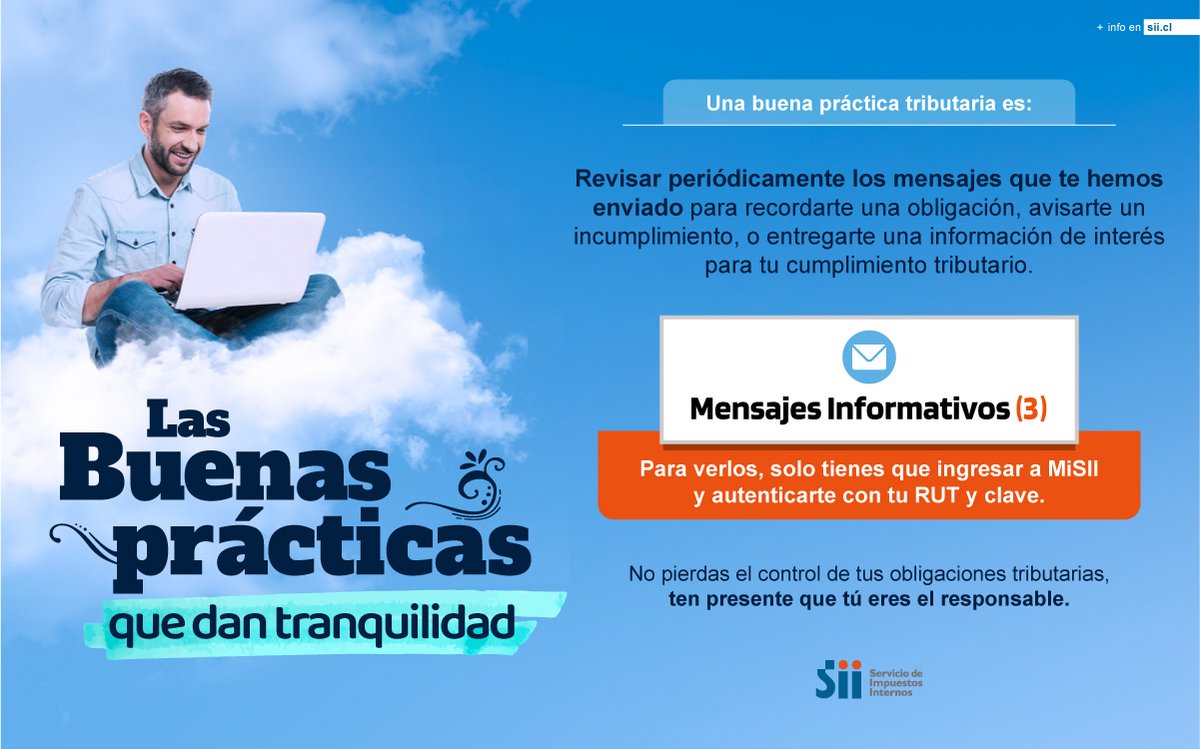 [BUENAS PRÁCTICAS] En MiSII encontrarás todos los mensajes y alertas que necesitas para mantener tu buen comportamiento tributario.📥📩 ¿Tienes dudas con un mensaje de correo o texto? ¡No hagas clic en accesos directos! Revisa directamente en MiSII📱💻