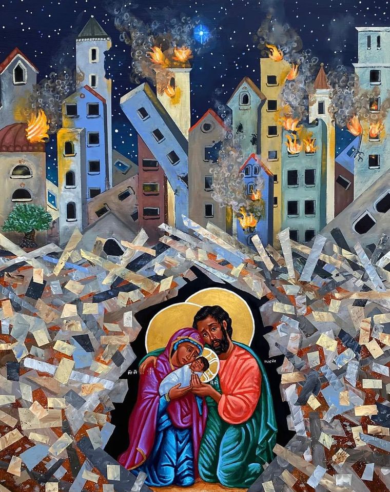 Christ in the Rubble - an icon by Kelly Latimore المسيح مولودًا تحت الأنقاض - أيقونة لكيلي لاتيمور.