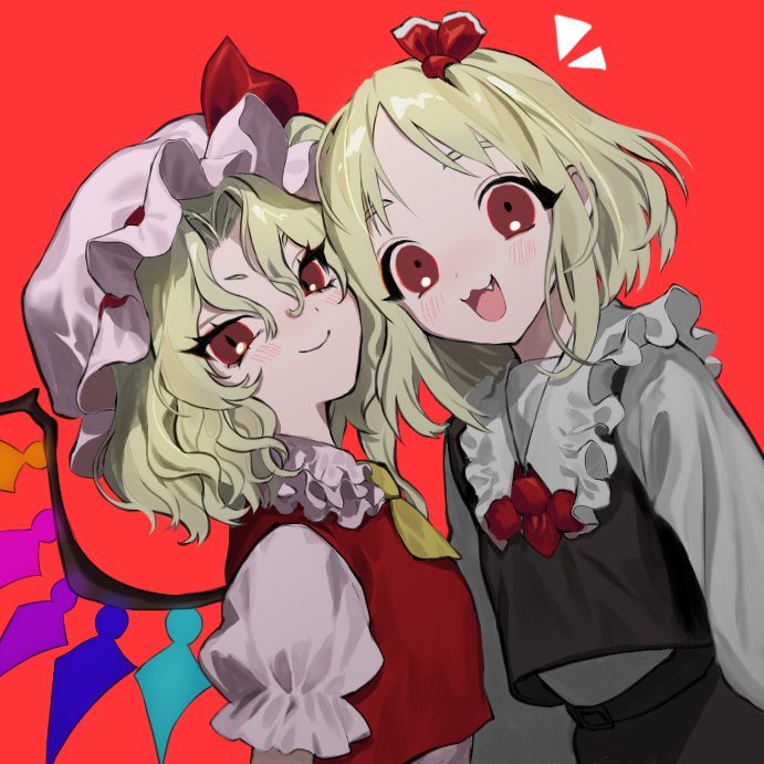 flandre scarlet ,rumia multiple girls 2girls blonde hair red eyes wings red background vest  illustration images