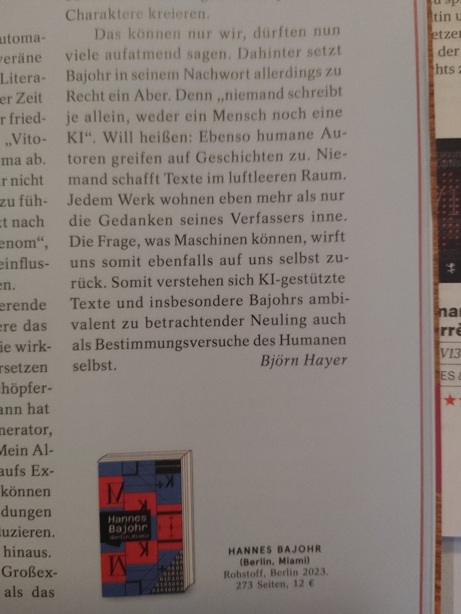 Unlesbar, aber sehr wichtig - @hannesbajohr hat einen #KI-gestützten Roman geschrieben und zeigt, dass #KI noch keine menschl. Literaten ersetzen kann. Mein Aufmacher der Literaturen @cicero_online bleibt daher ambivalent. Hier nur Auszüge aus d. Heft #chatGPT @matthesundseitz