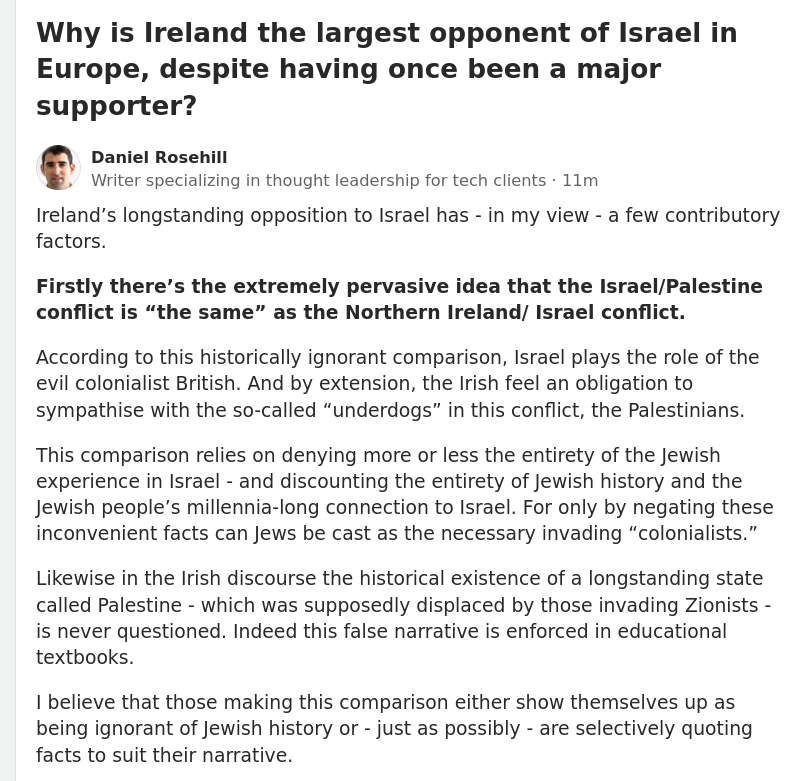 danielsrosehill's tweet photo. Haven't written a @Quora answer in a long time, but got requested to respond to this and dove in. 

Question: "Why is Ireland the largest opponent of Israel in Europe, despite having once been a major supporter?" #IsraelIreland https://t.co/KD2BXY3Blk