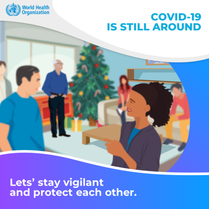 WHO's tweet photo. Attending parties? Meeting friends/family?

Protect yourself and your loved ones

🛋️ Stay home if you are sick
💪 Get vaccinated against COVID-19 and influenza
😷 Wear a mask
🤧 Cover your sneezes and coughs
🧼 Clean your hands
 🪟 Improve ventilation

#COVID19 is still around!