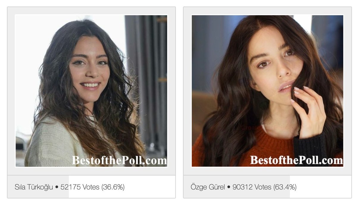 #SılaTürkoğlu #ÖzgeGürel #Actress #TurkishActress #BeautifulActress #Emanet #KızılcıkŞerbeti #Dolunay #BayYanlış #KirazMevsimi #Sipahi #HayallerVeHayatlar #BestofthePoll 

Poll: Who is your favorite actress? Sıla Türkoğlu vs Özge Gürel? 
Latest Stats: 
bestofthepoll.com/sila-turkoglu-…