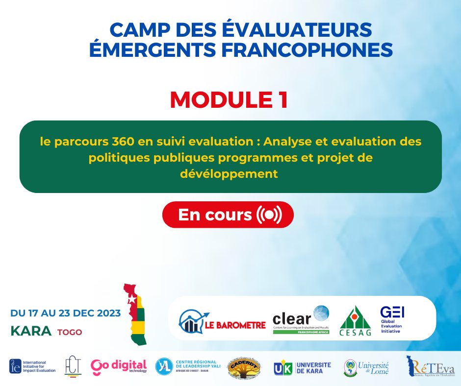 Le Module 1 du #CampÉvaluateursÉmergents Fr 🔵🔴👉 plongée intense dans le '#Parcours360 en S&E. Il a permis d'explorer l'analyse des politiques publiques, des programmes et projets de développement, jetant les bases de compétences essentielles pour améliorer nos initiatives.