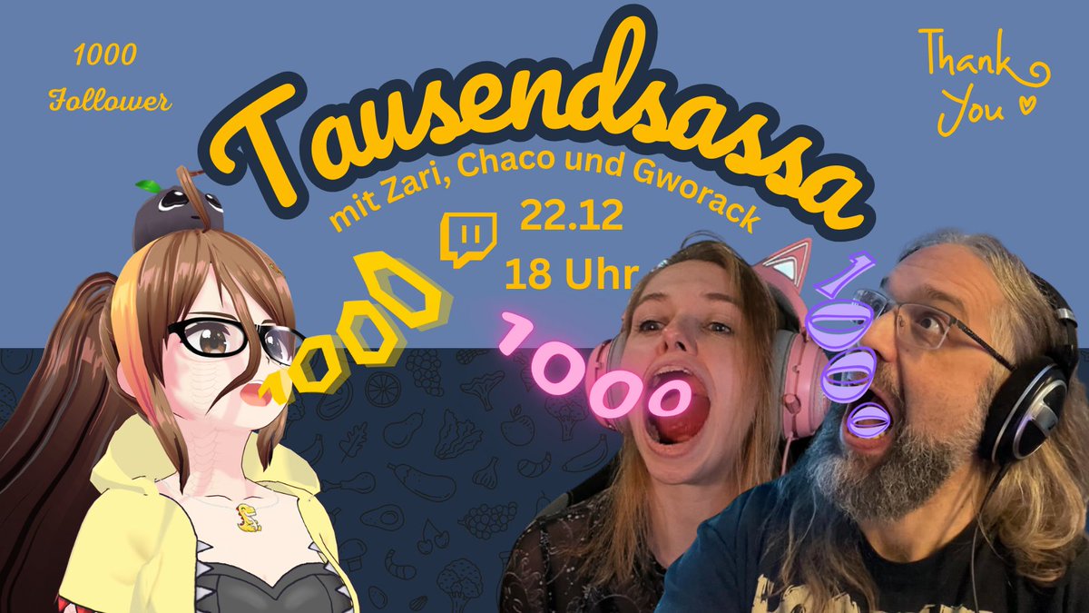 Ich wage mich nun in den gefährlichen Pre-Weihnachts-Einkauf, damit ich die nächsten Tage was zu beißen hab. Dann gibt's ganz fix was zu knabbern und um 18 Uhr geht der TAUSENDSASSA-Stream mit <a href="/OnkelGworack/">Gworack</a> &amp; <a href="/xSilverchaco/">Silverchaco</a> los!
Ich freu mich ganz dolle 💖💖💖💖