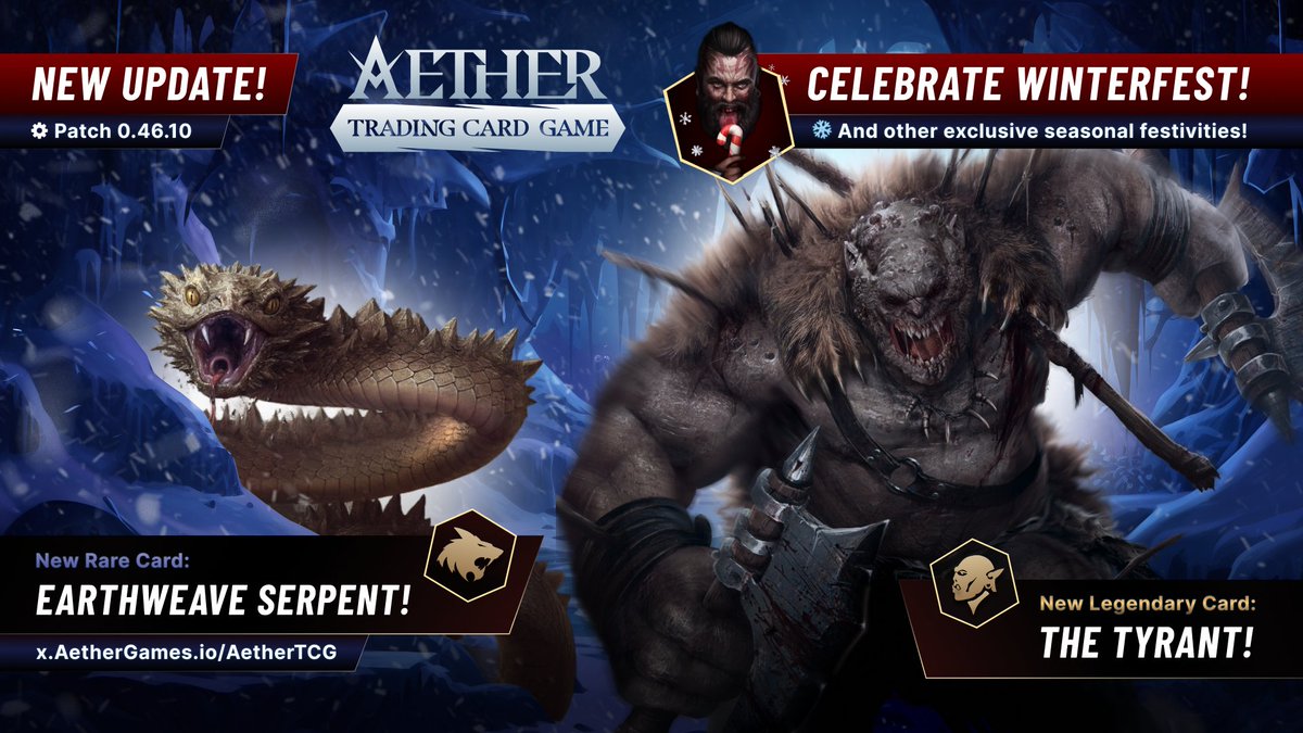 Winterfest Wonders: Unveiling Aether TCG Patch 0.46.10 with New Features, Cards, and Rewards! The latest patch for the @AetherGamesInc Trading Card Game (TCG) introduces several exciting new features and content, as well as bug fixes and balancing changes. Here's what's new in…