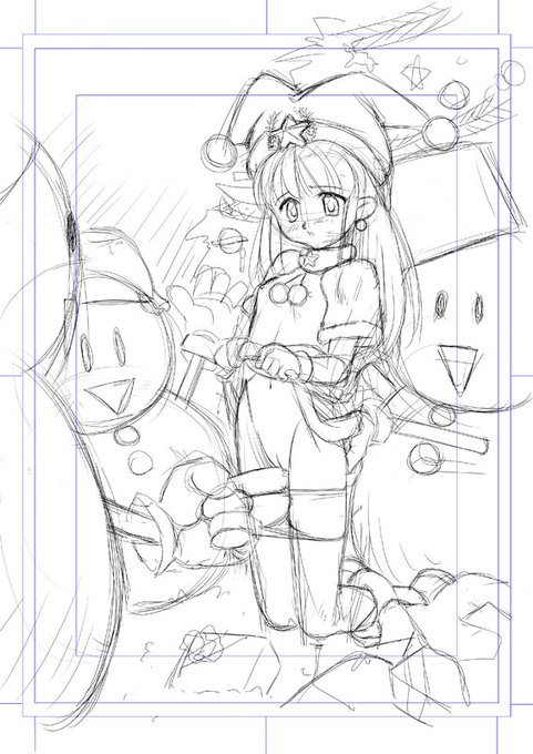 #過去に描いたXmas絵を晒そう
カラフルBeeかマショウか忘れたけど雑誌のXmas企画で描いたものですん。3枚ラフ描いて1枚目が採用だったと思う。どんな絵を望んでいるのが解らないので商業では初回で3～4枚の案を出していました。 