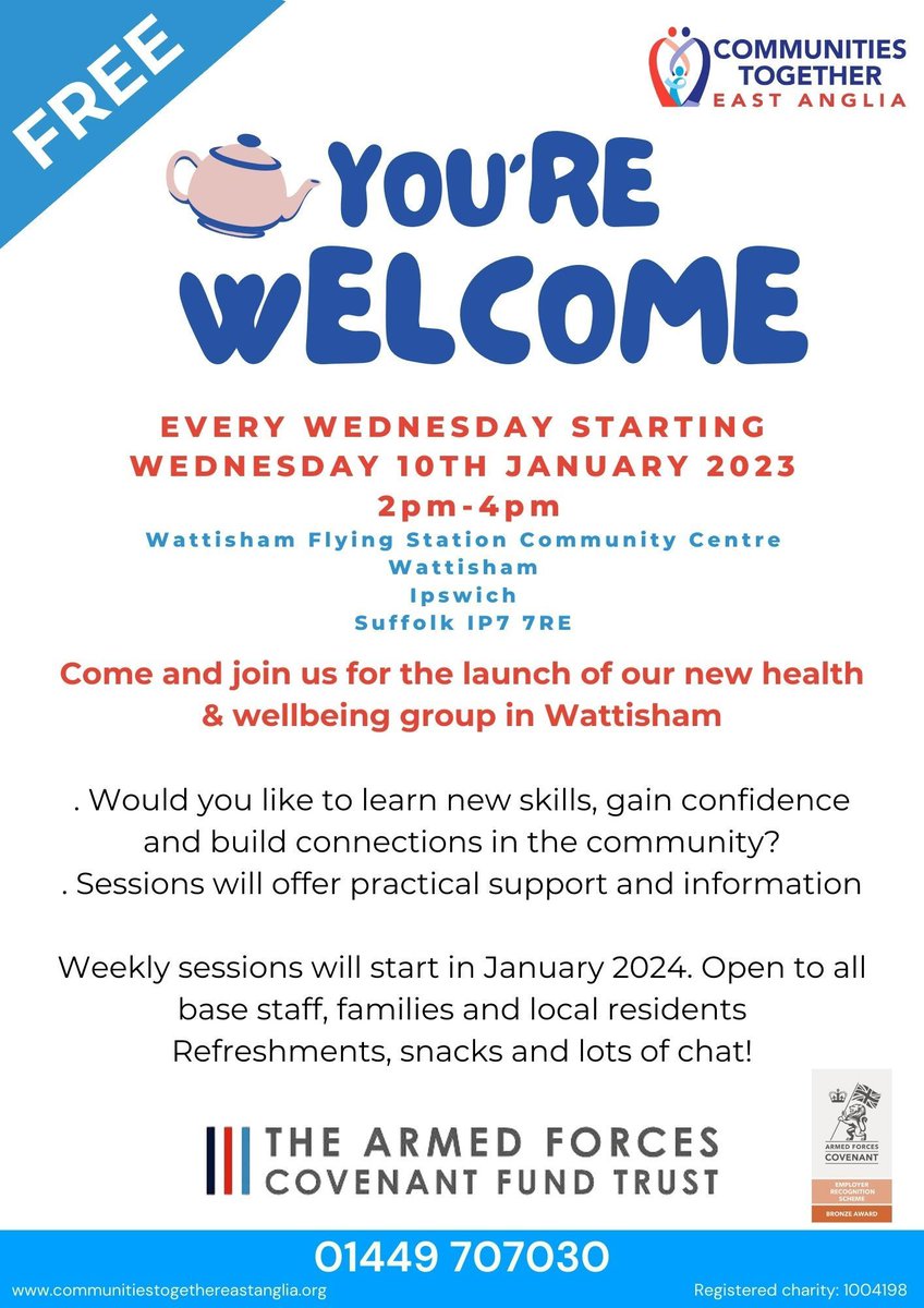 Every Wednesday starting Wednesday 10th January 2024! For more information about our sessions please contact info@communitiestogether-ea.org or call 01449 707030.