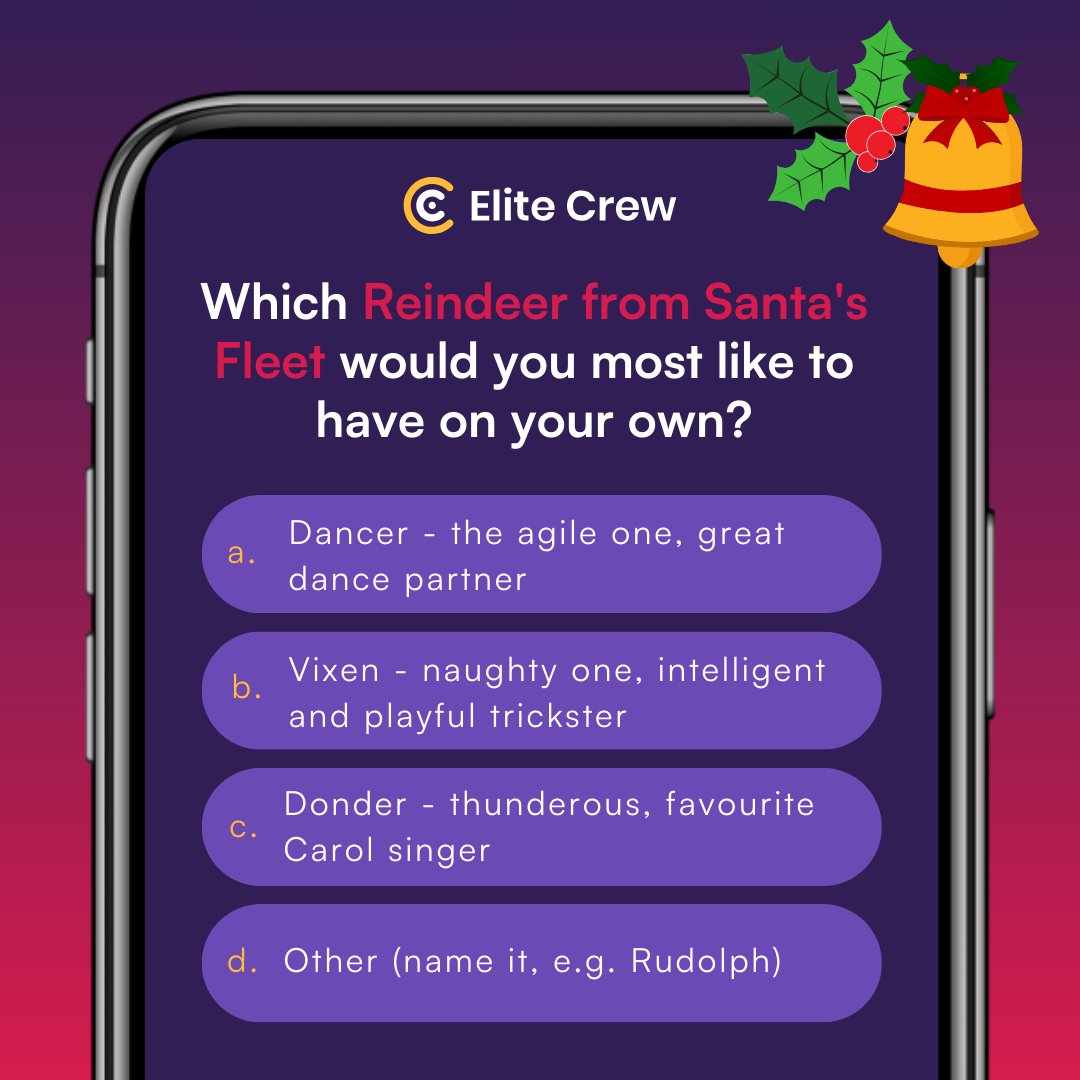 elitecrewio's tweet photo. EliteCrew has an X-mas question for you! 🦌 Which of Santa's reindeer would you like to have at home?

➡️ Let us know if you are interested in:
🎵 the always-partying Dancer, or
⚡ Blitzen, full of positive energy?

Out of all these magical reindeers, you can only pick one 🤔 https://t.co/vvwVHjTmXO