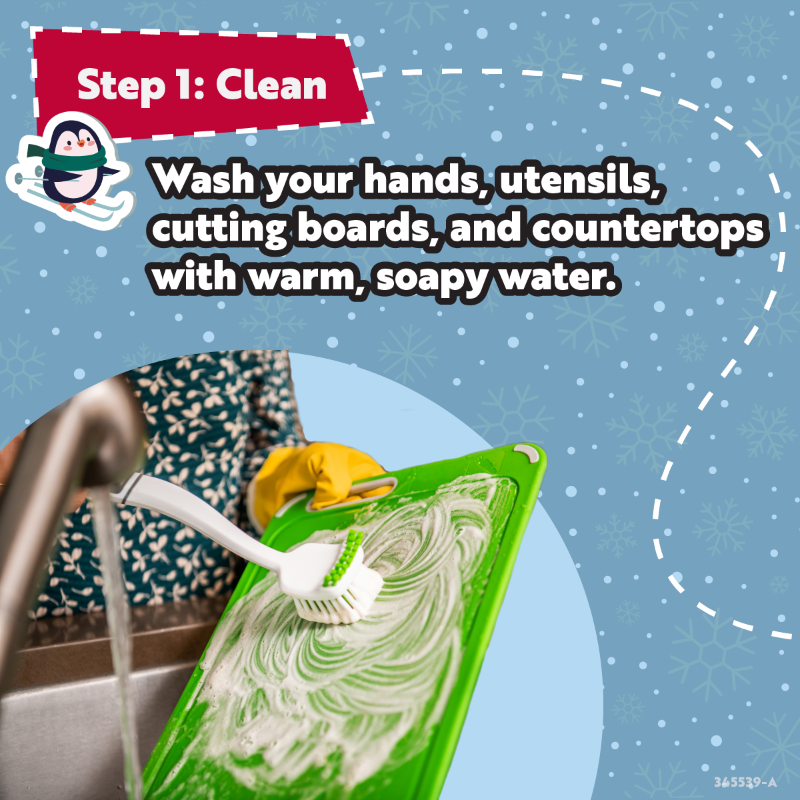 CDCgov's tweet photo. Follow the four steps to food safety to protect yourself and your loved ones from food poisoning this holiday season: 

🧽 Clean ↔️ Separate 🥘 Cook ❄️ Chill

Learn more: https://t.co/0SwMbZYVcW