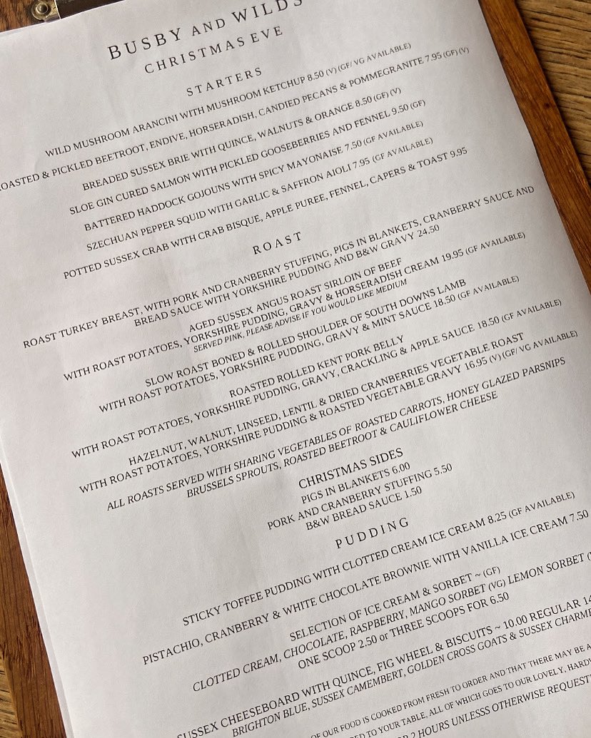 Look at this for a Christmas Eve menu. 
Serving all day 12-6. The best roast you’ll have this year. 
We’ve had a lot of cancellations over the weekend so we’d love to you all, pop in for a drink and relax. 
Seasons greetings 
B&amp;W