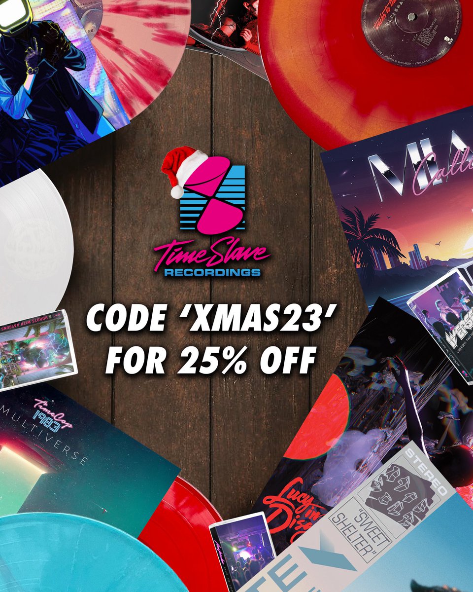 Its Christmas!!!!!!!!🎅 [25% off Everything!] For a limited time only, you can grab just about anything your Synthwave heart could crave for 25% less Simply use the code: XMAS23 & bargains will appear before your very eyes! Okayyyyyy let’s go! timeslaverecordings.com