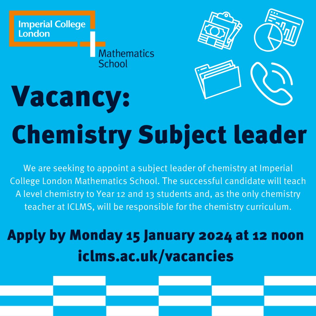 We are looking for a Chemistry Subject Leader at our school.  Check out iclms.ac.uk/vacancies for details!