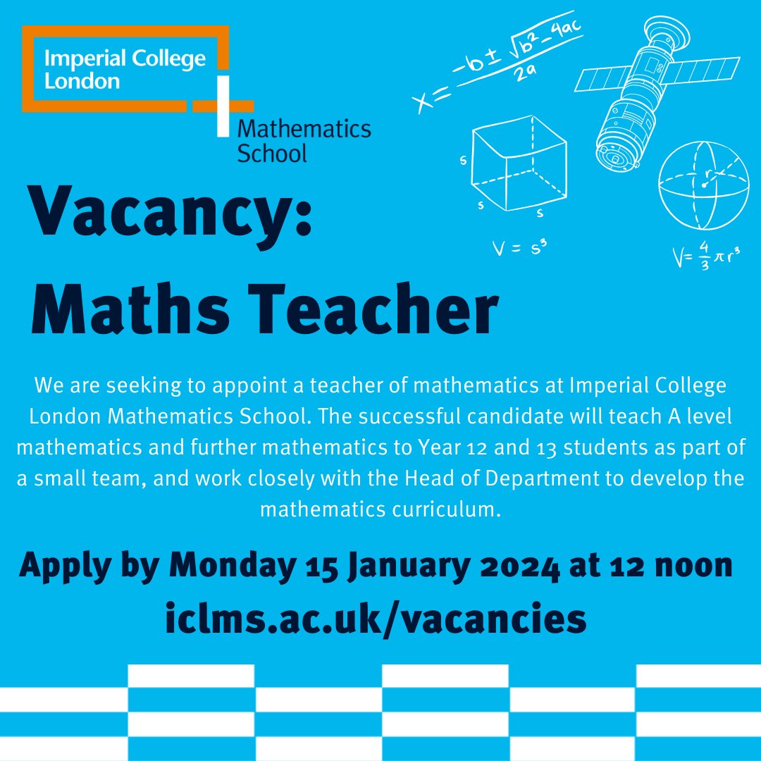 We are looking for a Maths teacher at our school.  Check out iclms.ac.uk/vacancies for details!