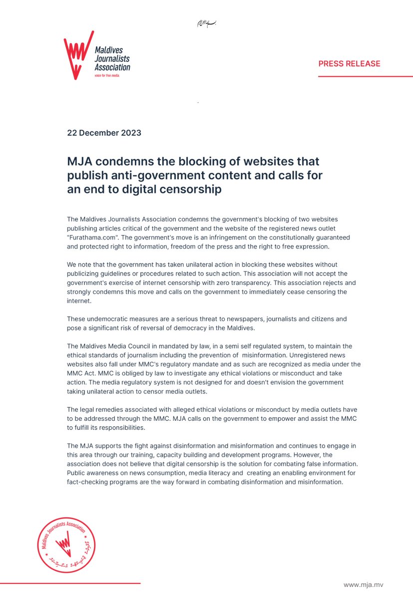 🚨MJA condemns the blocking of websites that publish anti-government content and calls for an end to digital censorship. The government's move is an infringement on the constitutionally guaranteed and protected right to information, freedom of the press and the right to free
